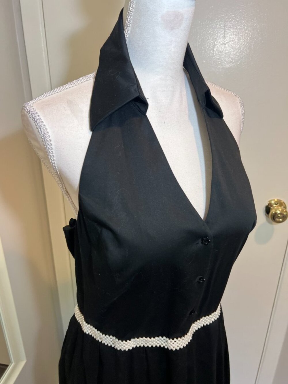 Vintage Black Halter Fit and Flare Dress with Pearl waistband, Size Large? - Picture 8 of 16